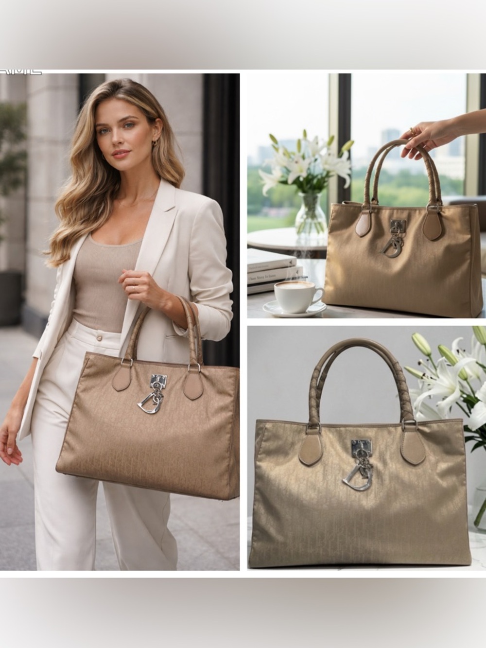 Christian Dior Vintage Trotter Romantique Satchel Bag Monogram Beige COA-Posh